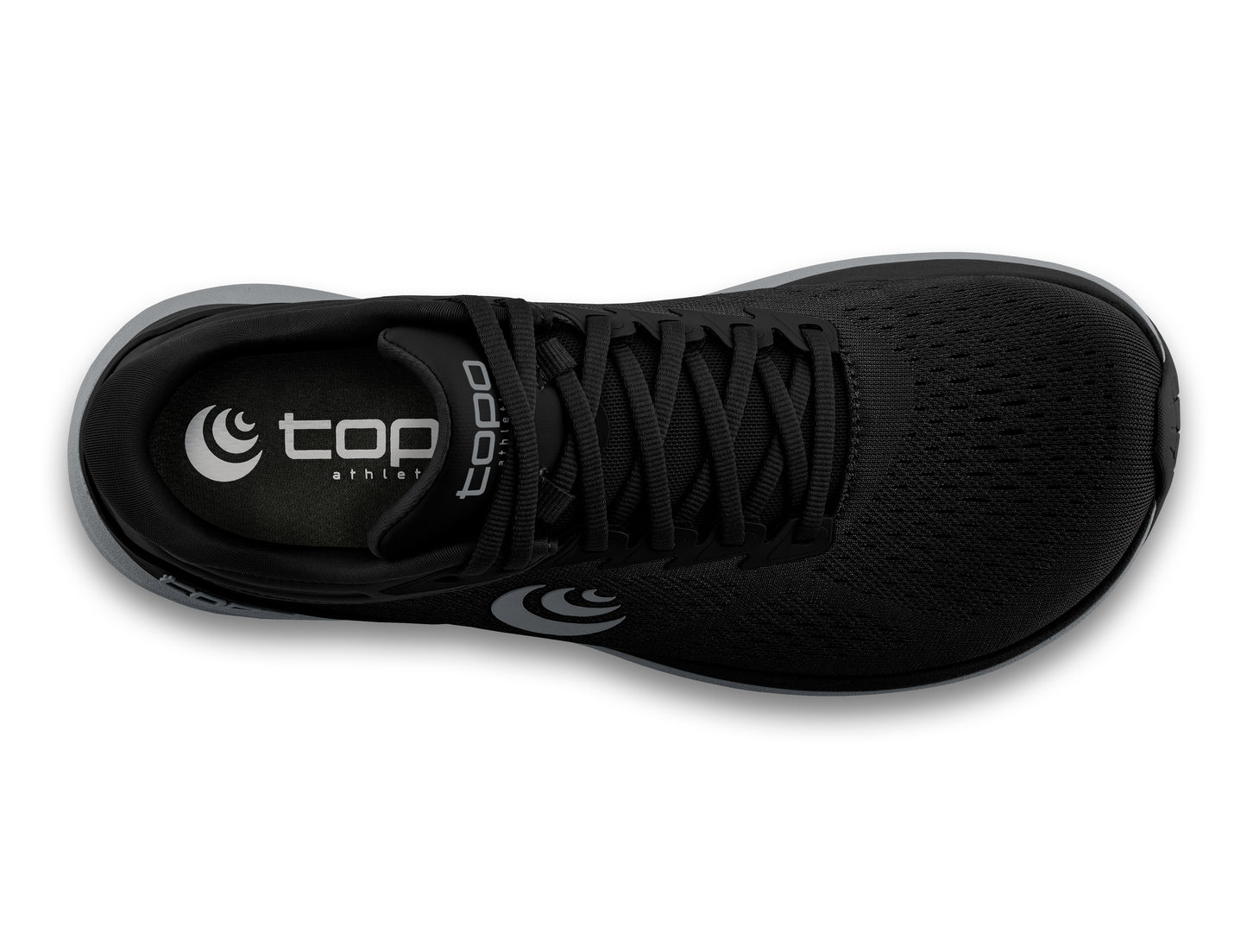 Top view of a black running shoe with gray accents and visible logo reading 'topo athletic'.