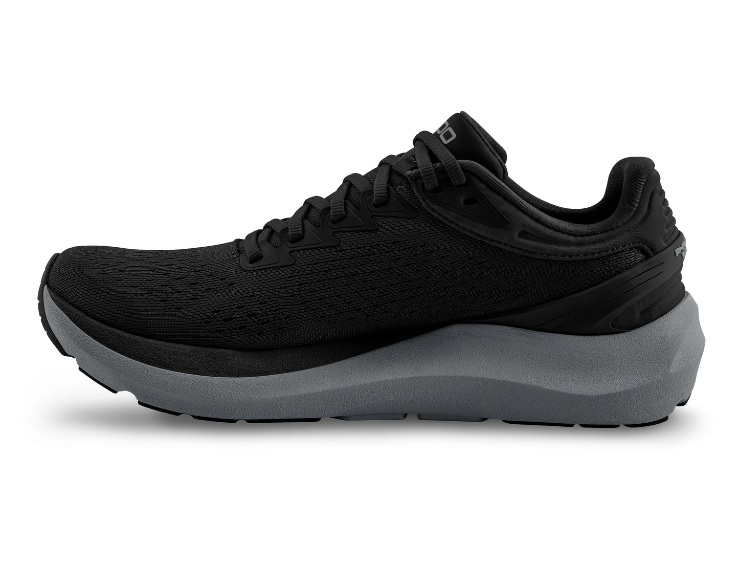 A running shoe with a black upper and a grey sole.