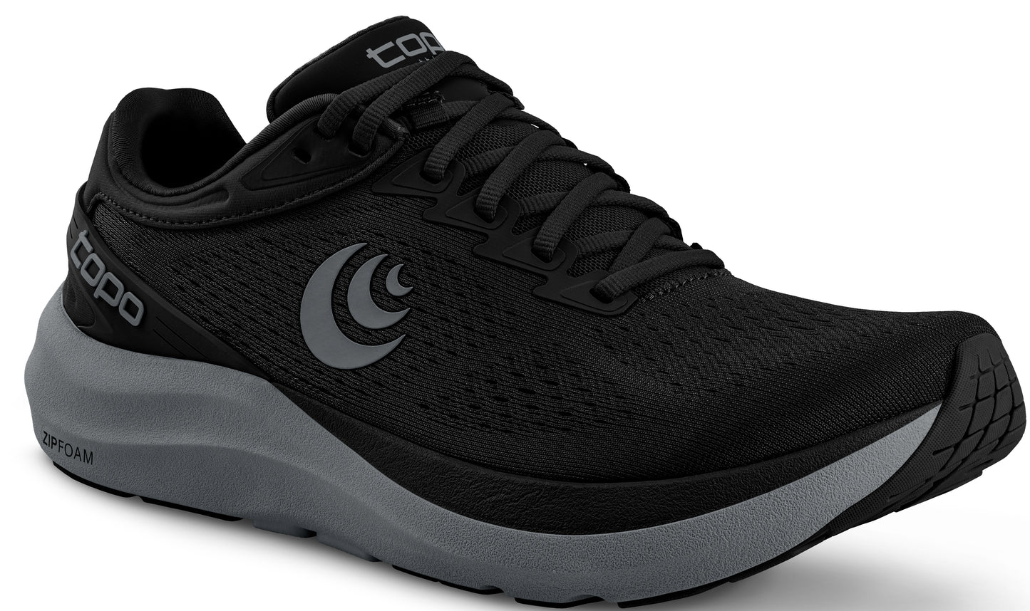 Black running shoe with gray sole and logo.
