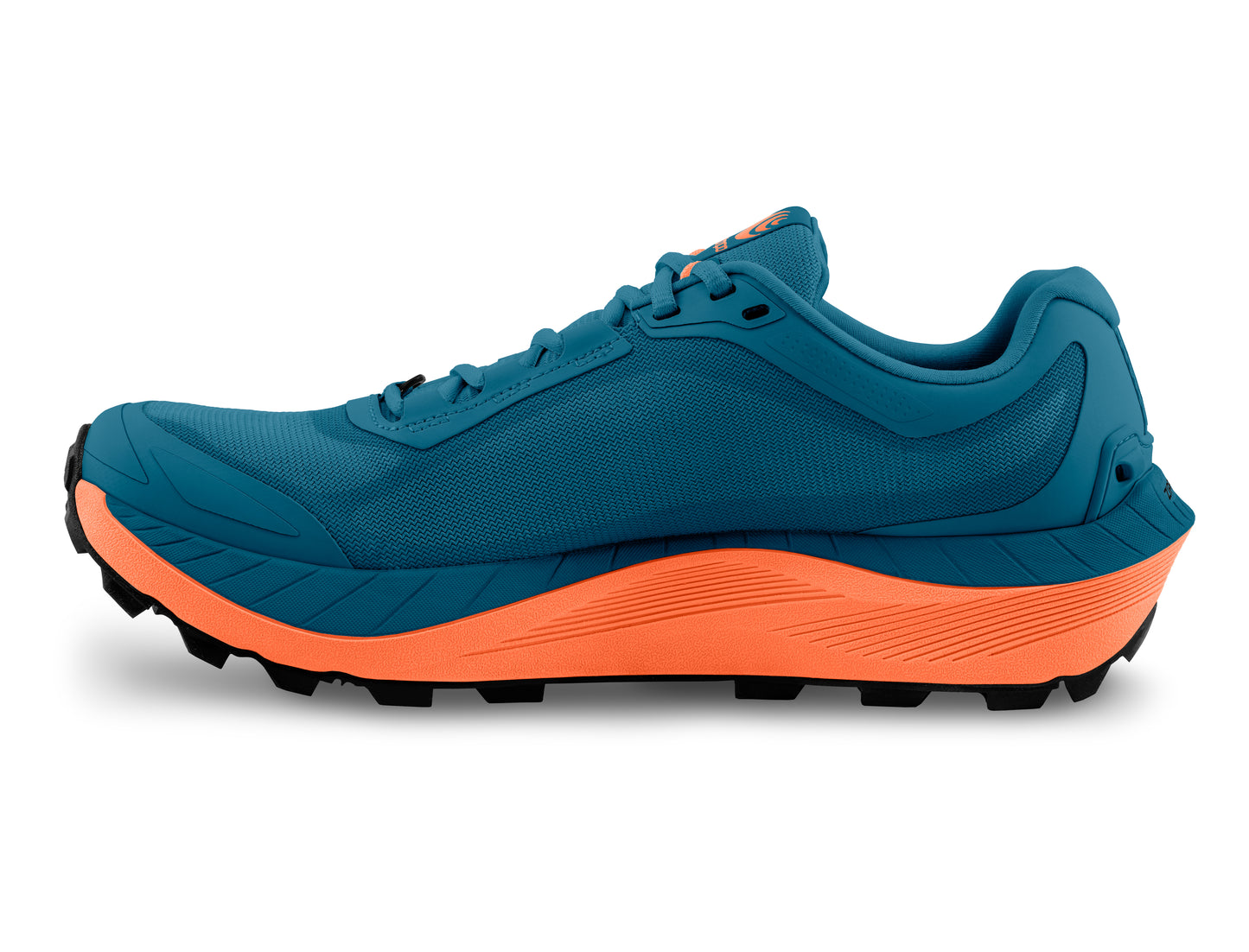 A blue running shoe with orange sole.