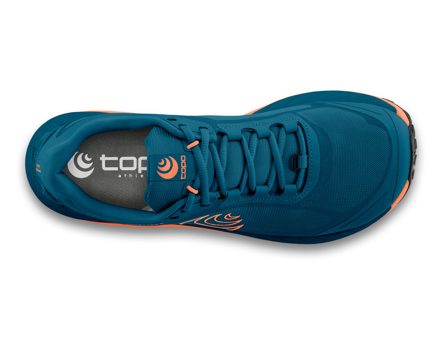 Overhead shot of a blue athletic shoe with orange accents; the insole is white with black and gray lettering.