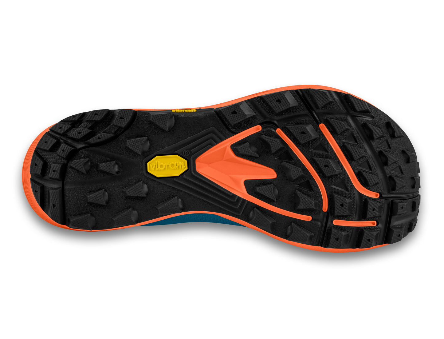 Bottom view of a shoe with a black rubber sole featuring an orange trim, deep treads, and a yellow Vibram logo.