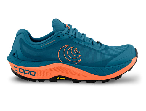 Side view of a blue running shoe with orange accents and a thick sole with visible "topo" logo.