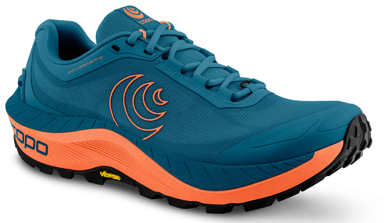 A blue running shoe with an orange sole and orange logo.