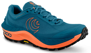 A blue running shoe with an orange sole and orange logo.