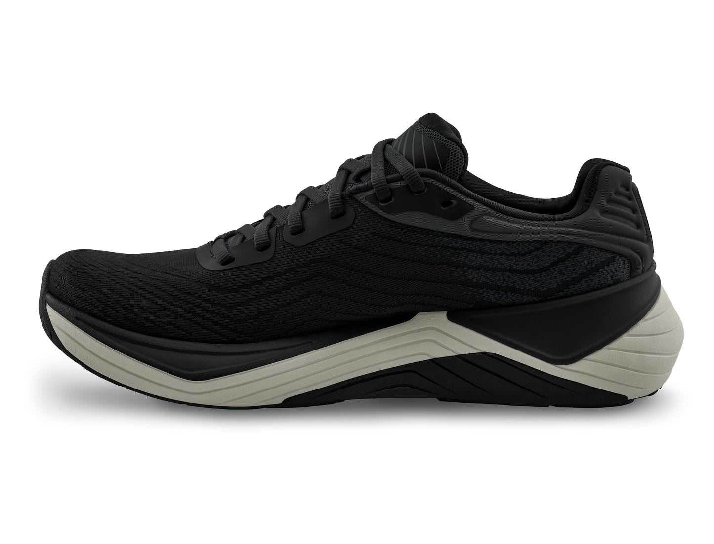Black running shoe with grey and black sole.