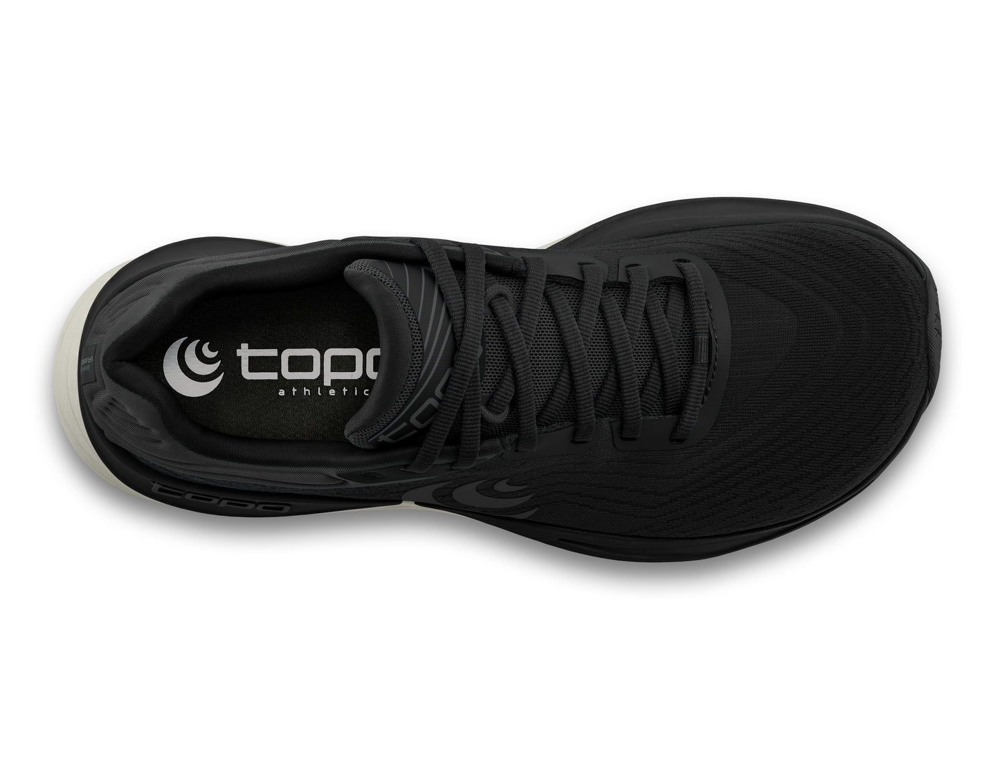 Overhead view of a black running shoe with text 'Topo Athletic' printed on the side.