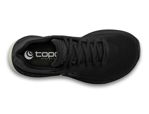 Overhead view of a black running shoe with text 'Topo Athletic' printed on the side.