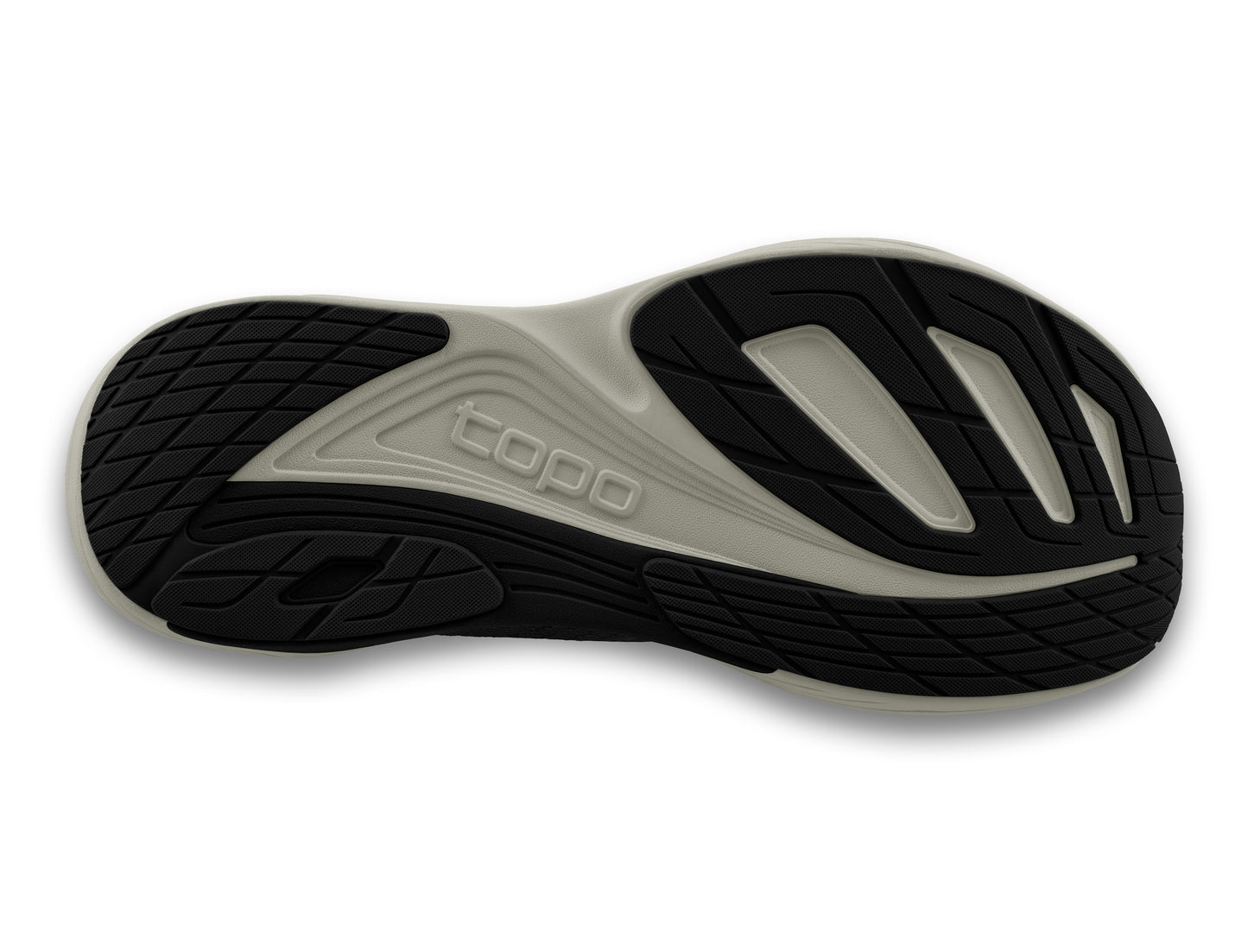 Bottom view of a black and white shoe sole with TOPO text.