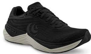 Black running shoe with off-white sole, lace-up, and visible logo.
