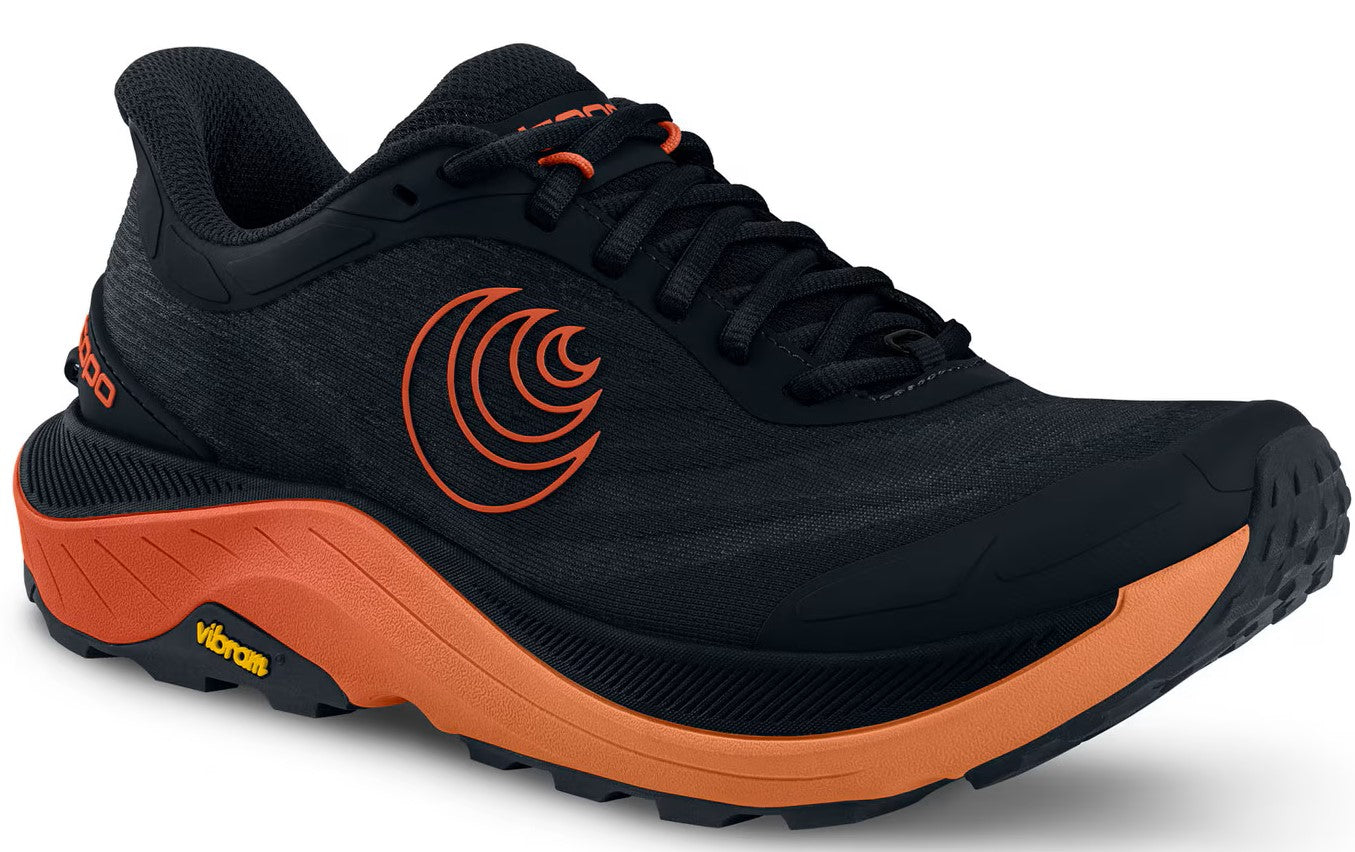 Black trail running shoe with an orange sole and logo.
