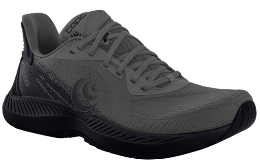 Gray running shoe with a black sole and logo.