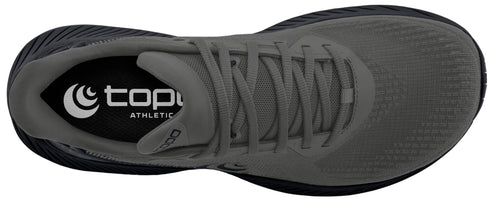 A gray running shoe featuring laces and a black sole.