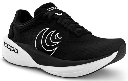 Black and white running shoe, logo is visible on the side.