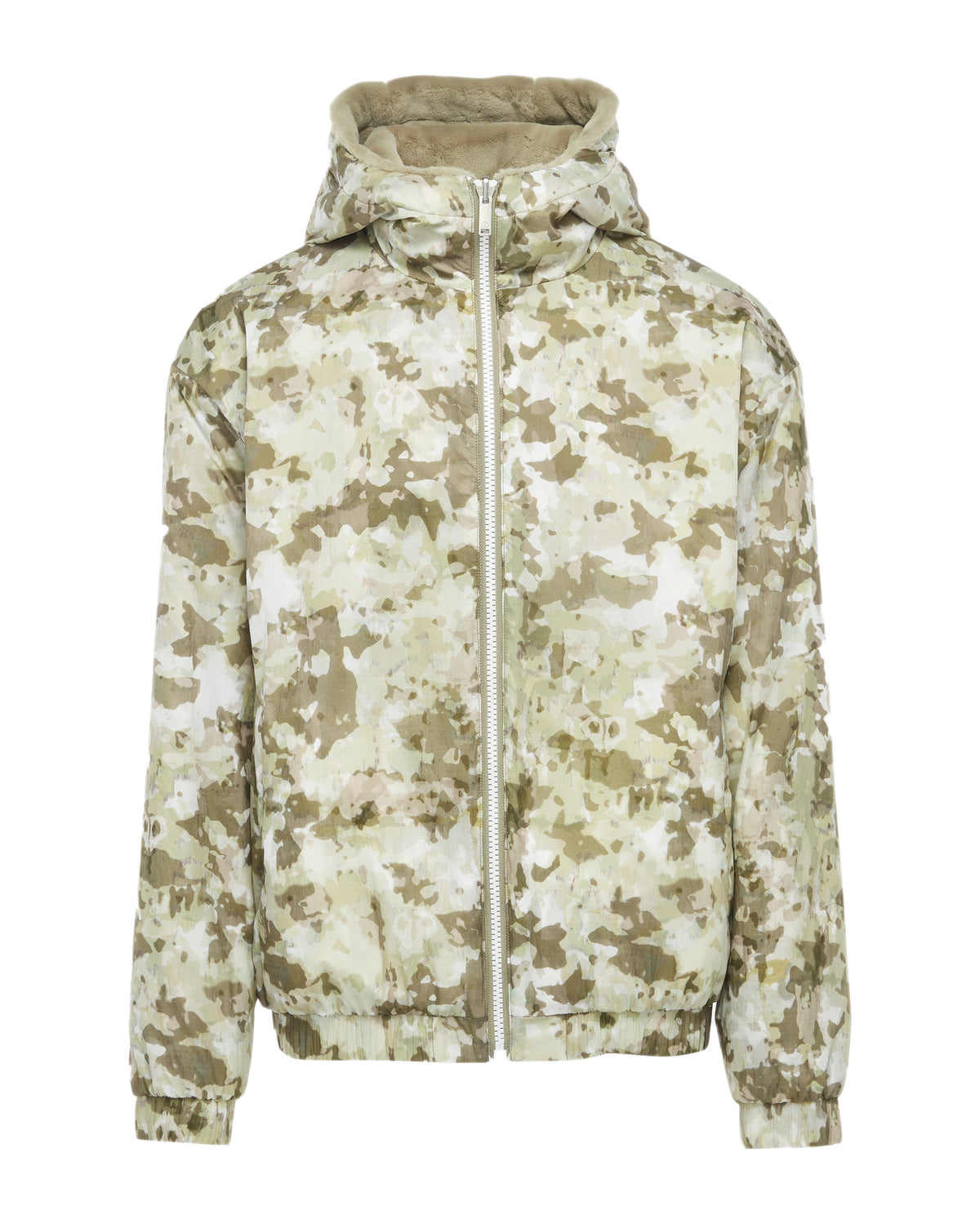 Hooded camo print jacket.
