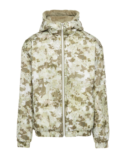 Hooded camo print jacket.