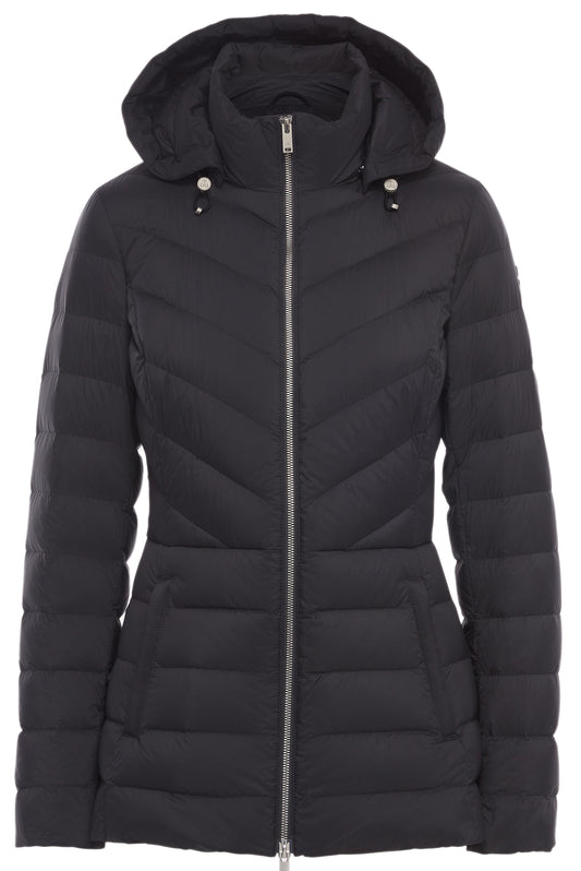 Black, quilted puffer coat with hood and silver zipper.