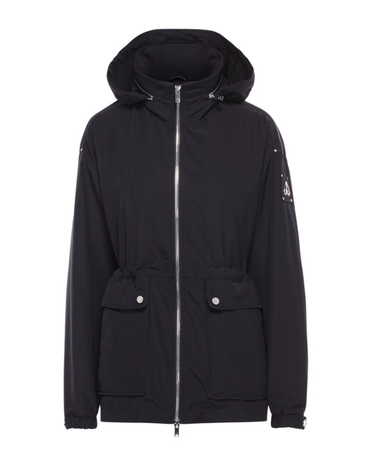Black hooded jacket with drawstrings at waist and silver zipper.