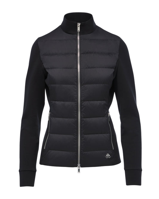 Black quilted front jacket with knit sleeves and silver zipper.