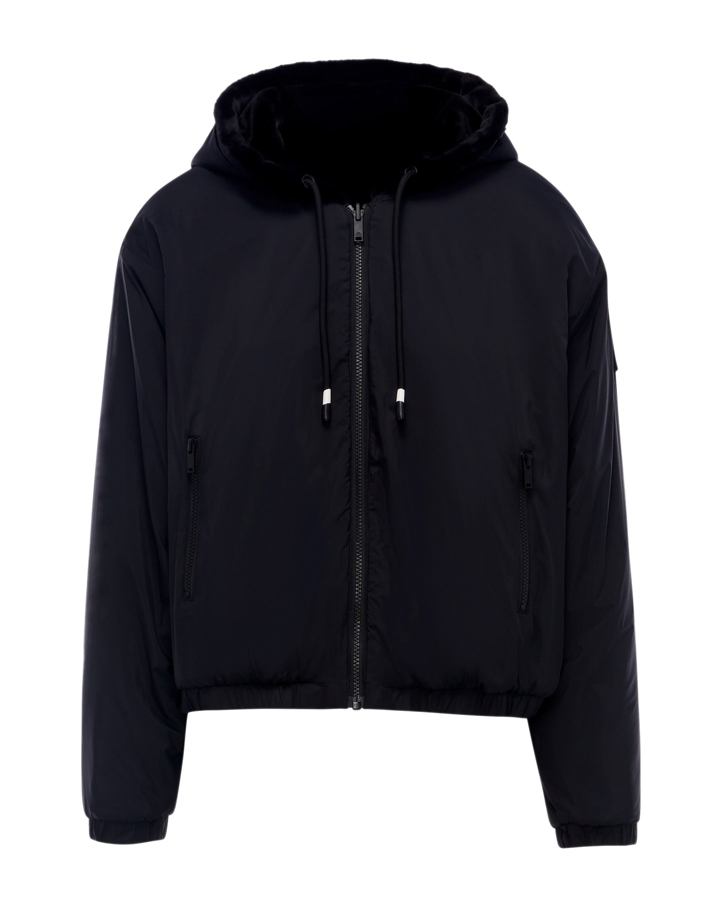 Black hooded zip up jacket with drawstrings.