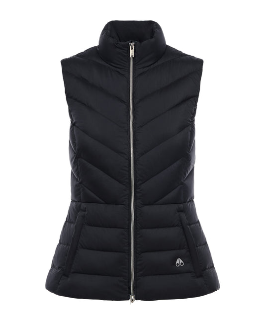 Black quilted down vest with zipper and fitted waist.