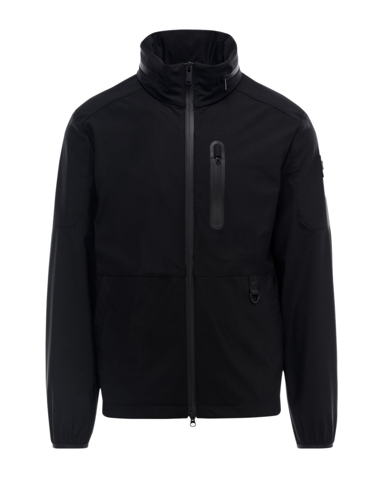 Black jacket with zipper closure and stand collar.
