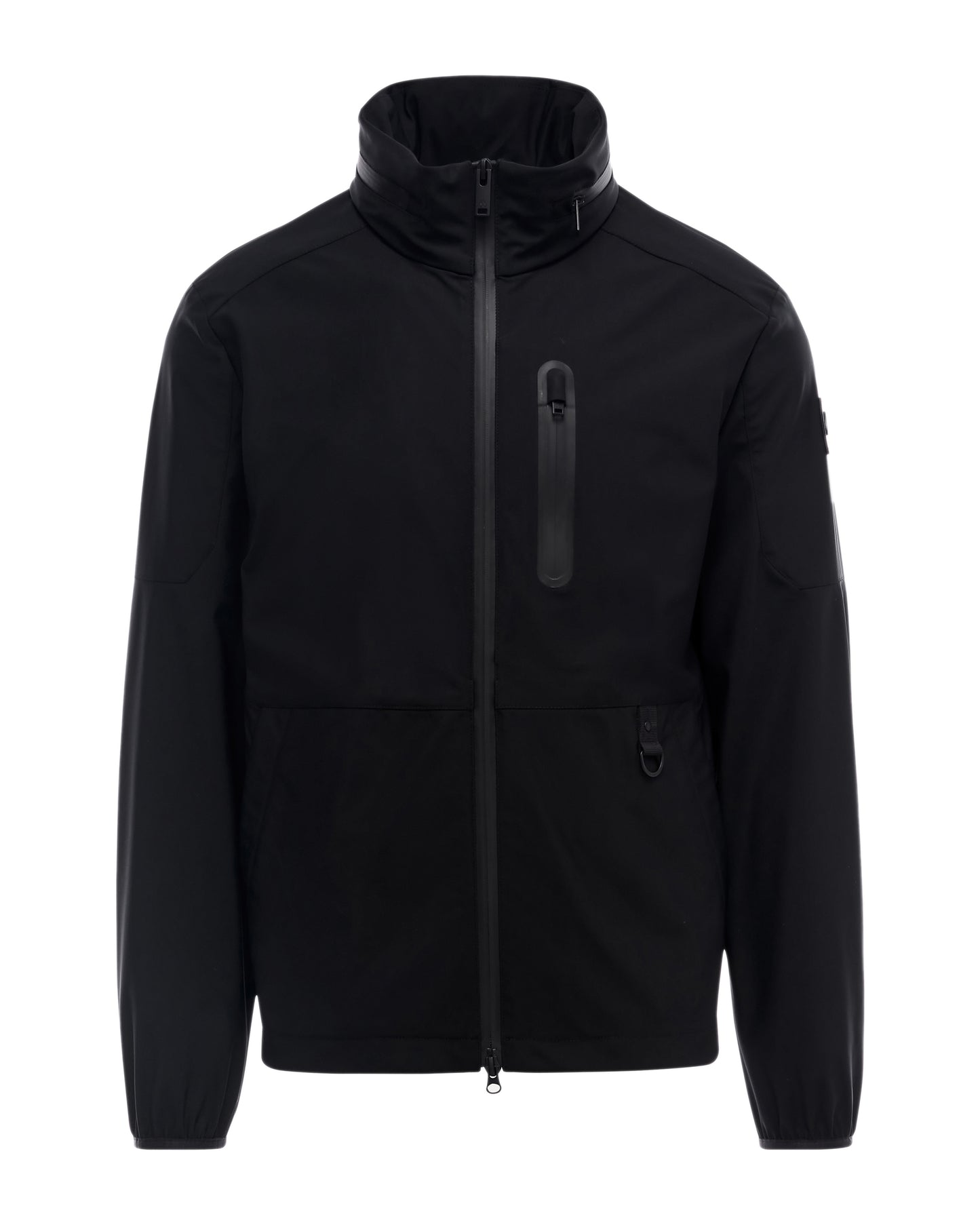 Black jacket with zipper closure and stand collar.