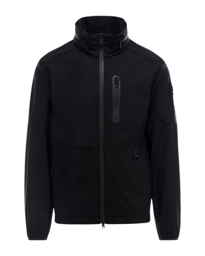 Black jacket with zipper closure and stand collar.
