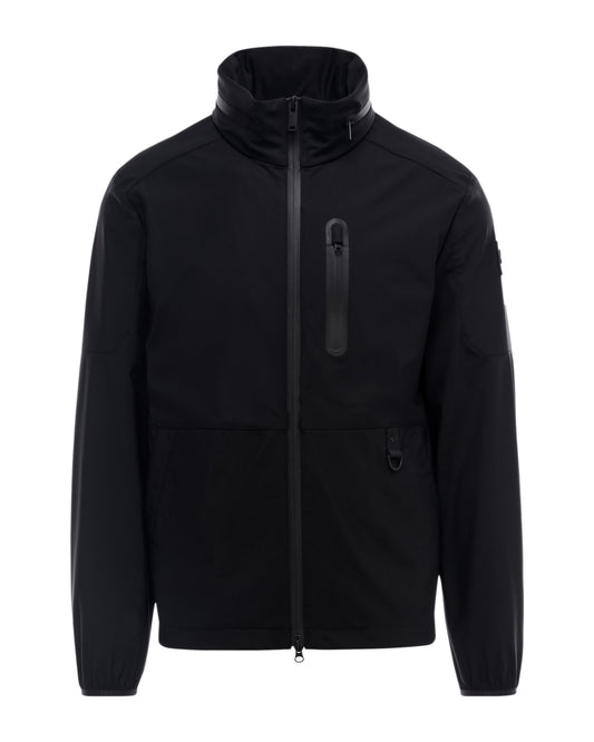 Black jacket with zipper closure and stand collar.