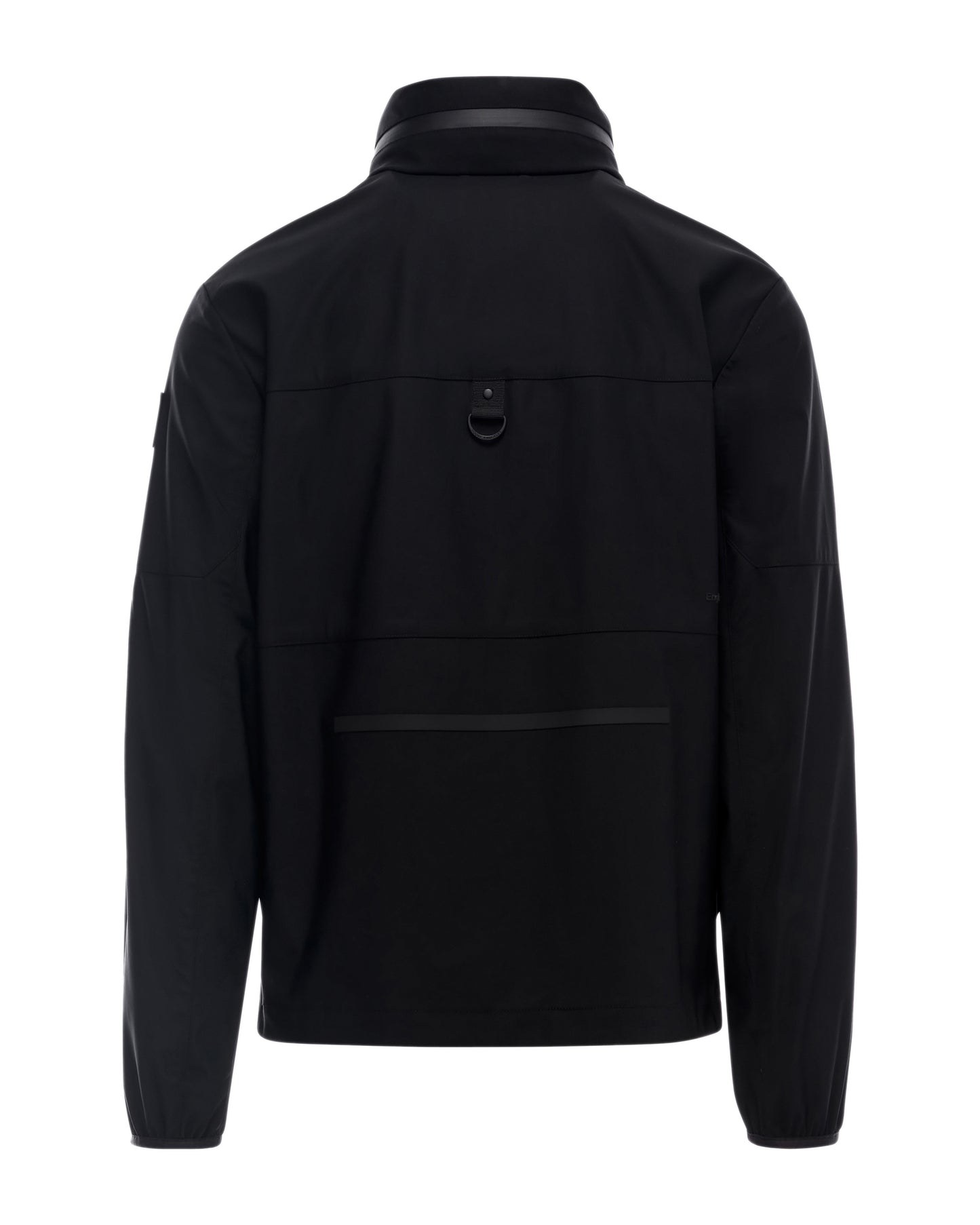 Back view of a black jacket with a stand-up collar, long sleeves, a small rectangle label on the left arm, and a D-ring loop.