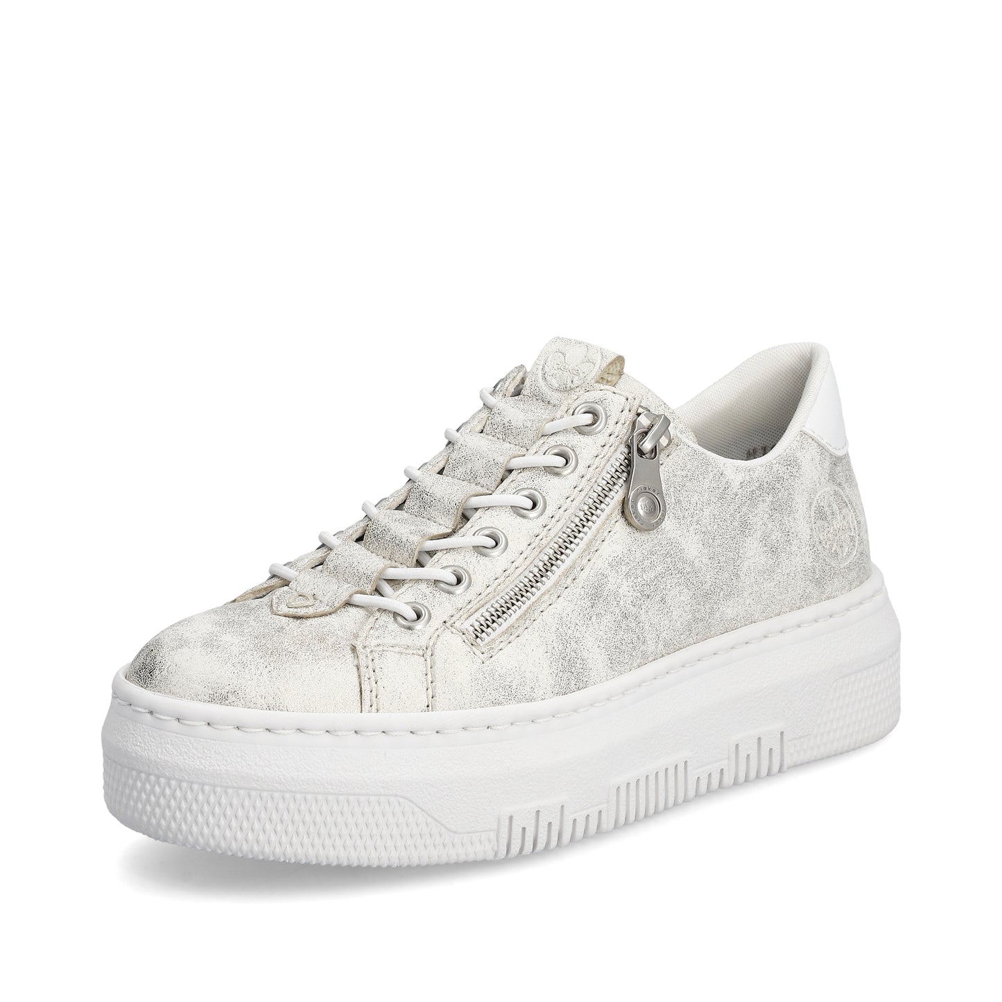 Low top white sneaker with silver zipper detail and white platform sole.