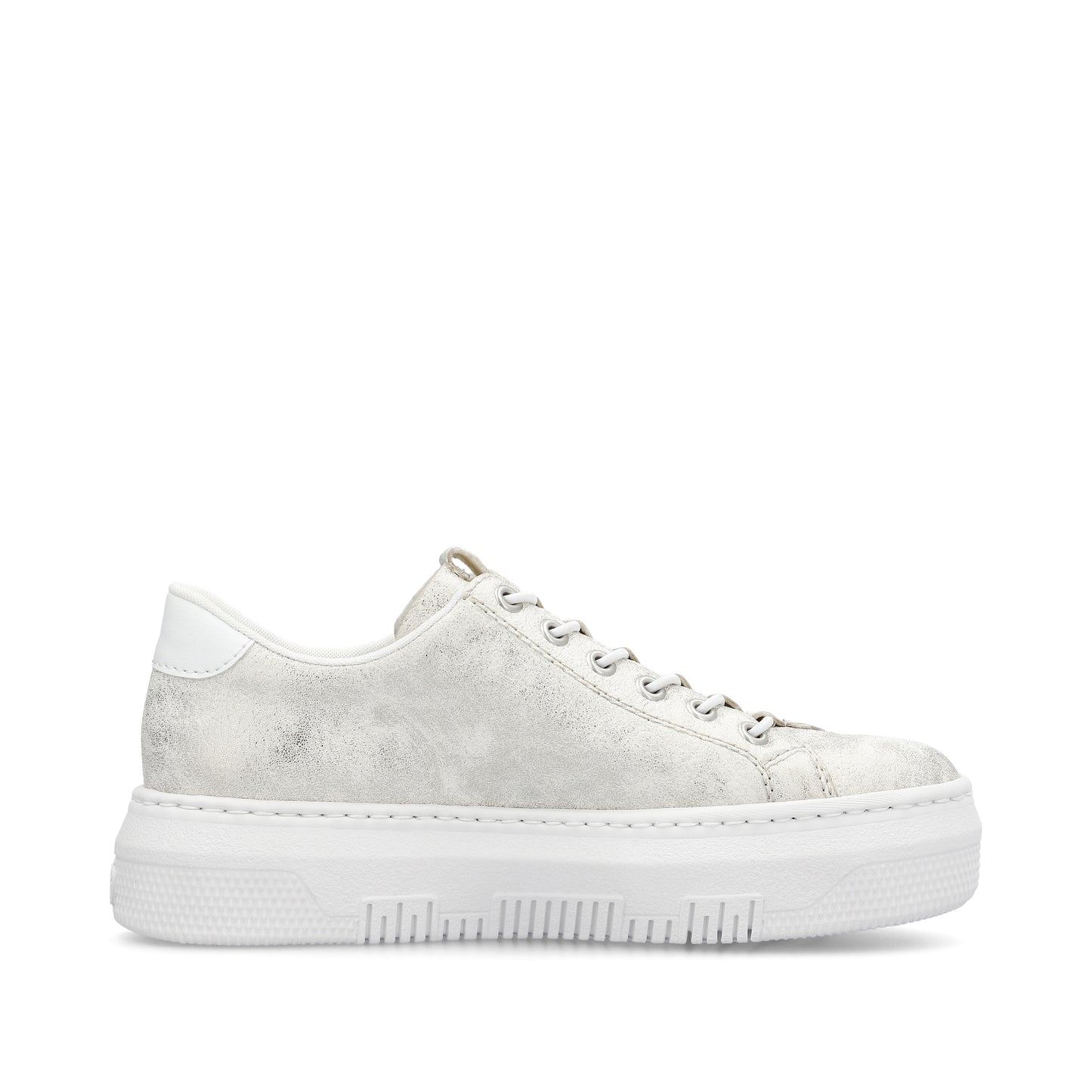 White low-top sneaker with a thick white sole and white laces.