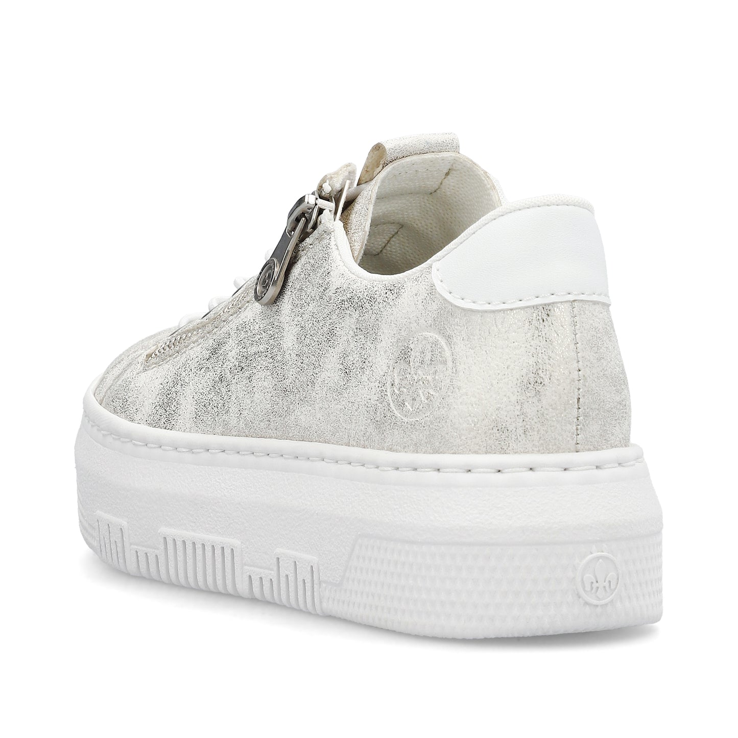 Silver sneaker with a chunky white sole and a zipper detail.