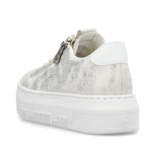 Silver sneaker with a chunky white sole and a zipper detail.