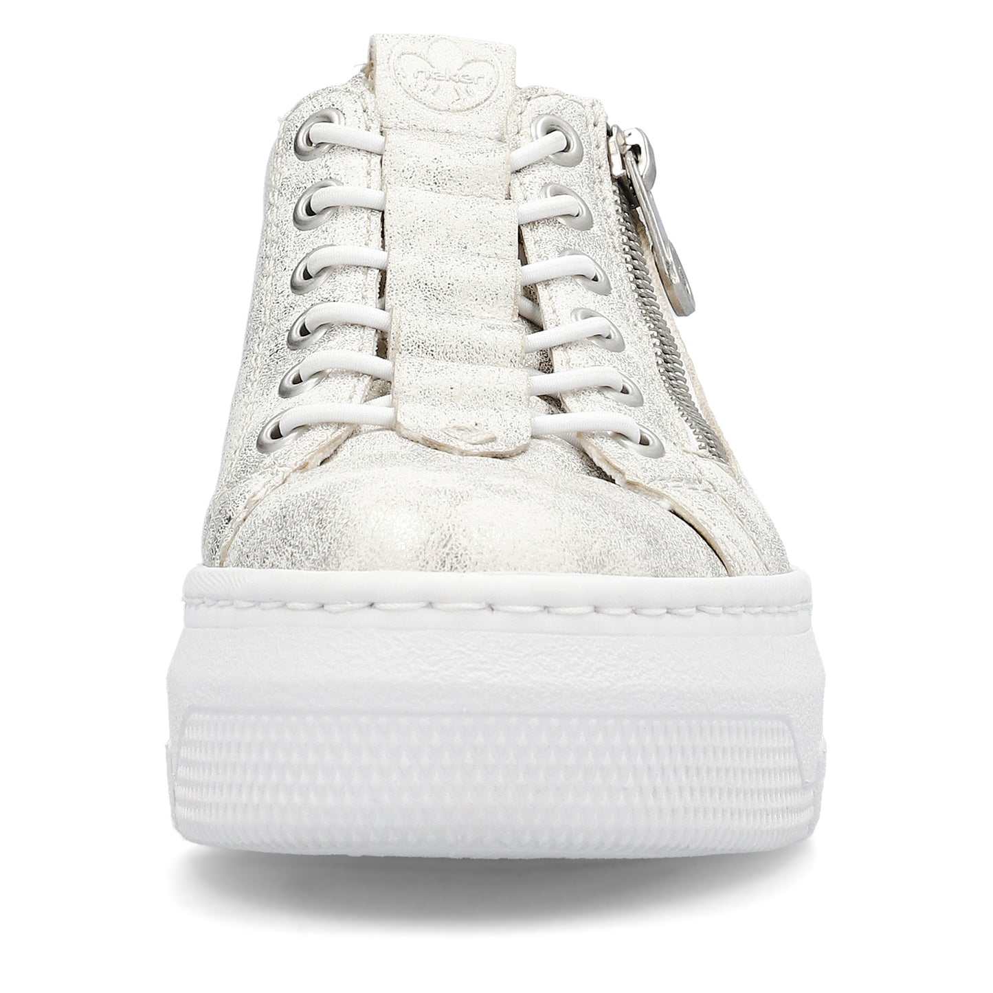 Front view of a white sneaker with laces and zipper detail on the side, atop a thick white sole.
