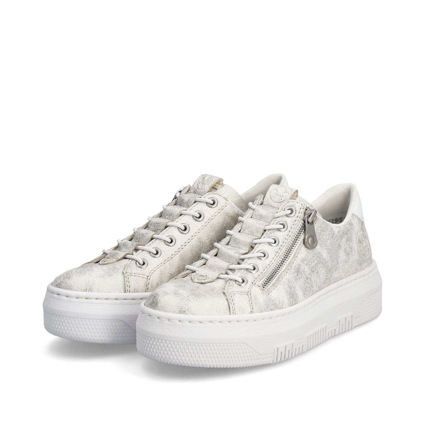 Low-top platform sneakers, white with silver floral design, lace-up and zippered closure.
