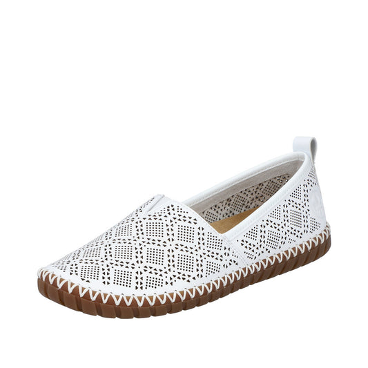 A white perforated leather loafer with brown sole.