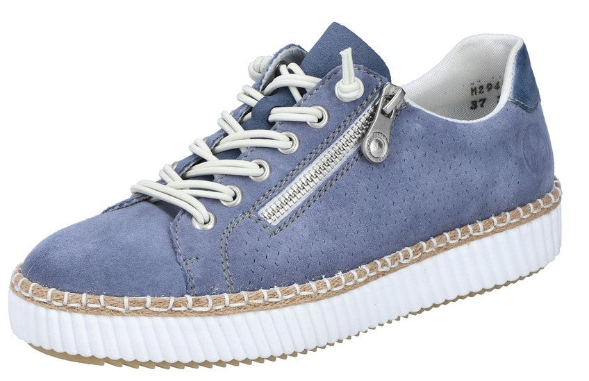 Blue suede-like sneaker with white laces, side zipper, and white sole with straw detail.