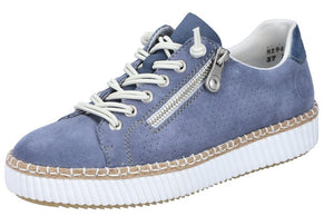 Blue suede-like sneaker with white laces, side zipper, and white sole with straw detail.