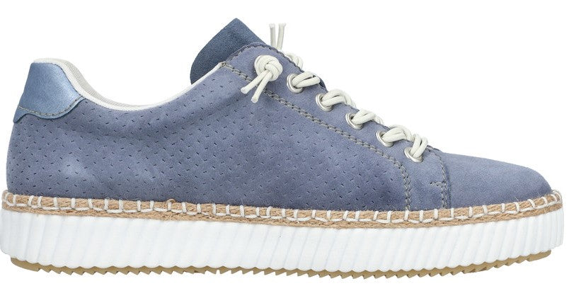 Blue suede sneaker with white laces and sole