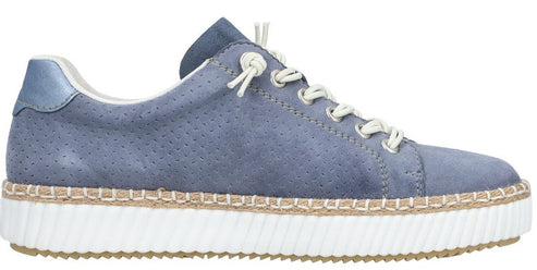 Blue suede sneaker with white laces and sole