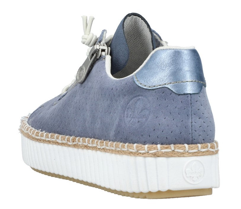 Low-top blue sneaker with white platform sole, jute trim, lace-up closure, side zipper and metallic heel accent.