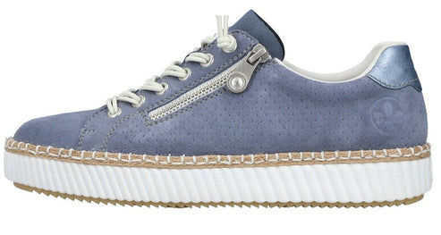 Blue sneaker with white laces and zipper detail, white sole, and a silver accent on the heel.