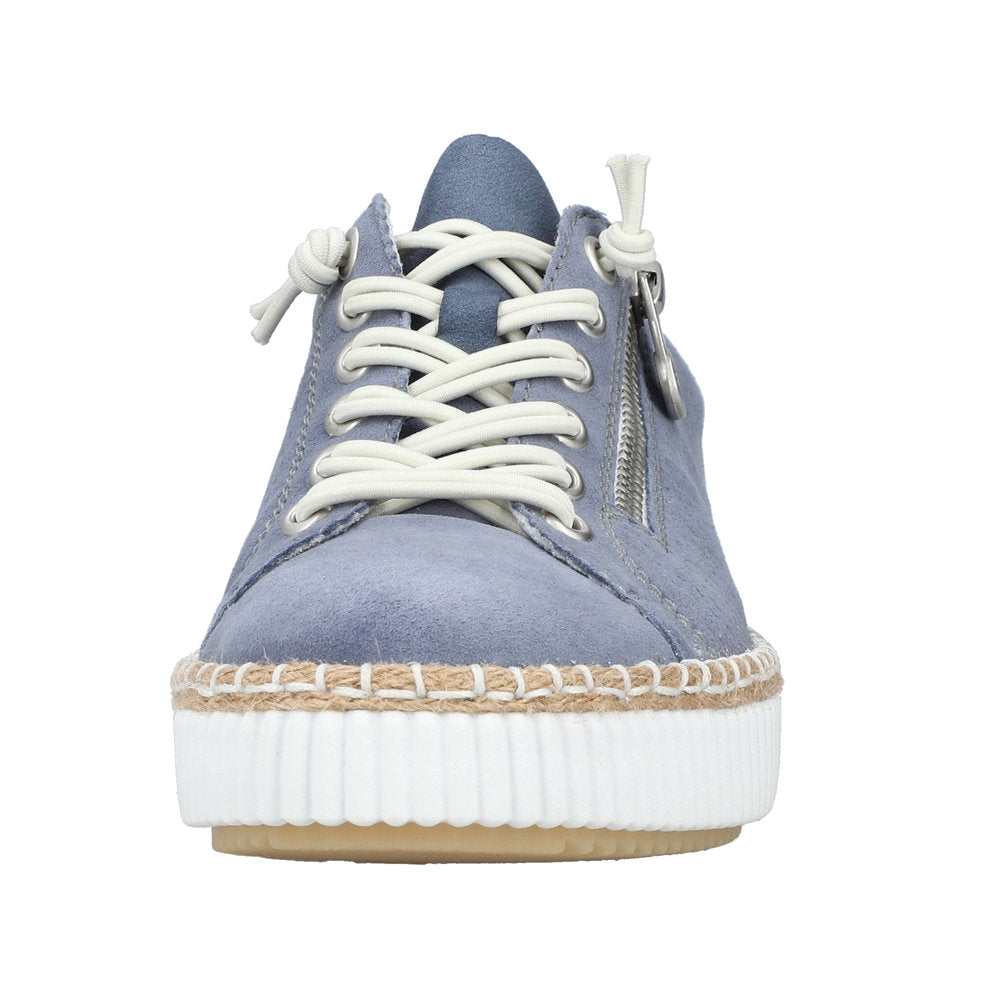Light blue suede sneaker with white laces and side zipper, featuring a braided trim along the white sole.