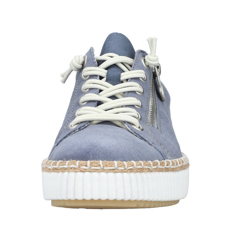 Light blue suede sneaker with white laces and side zipper, featuring a braided trim along the white sole.