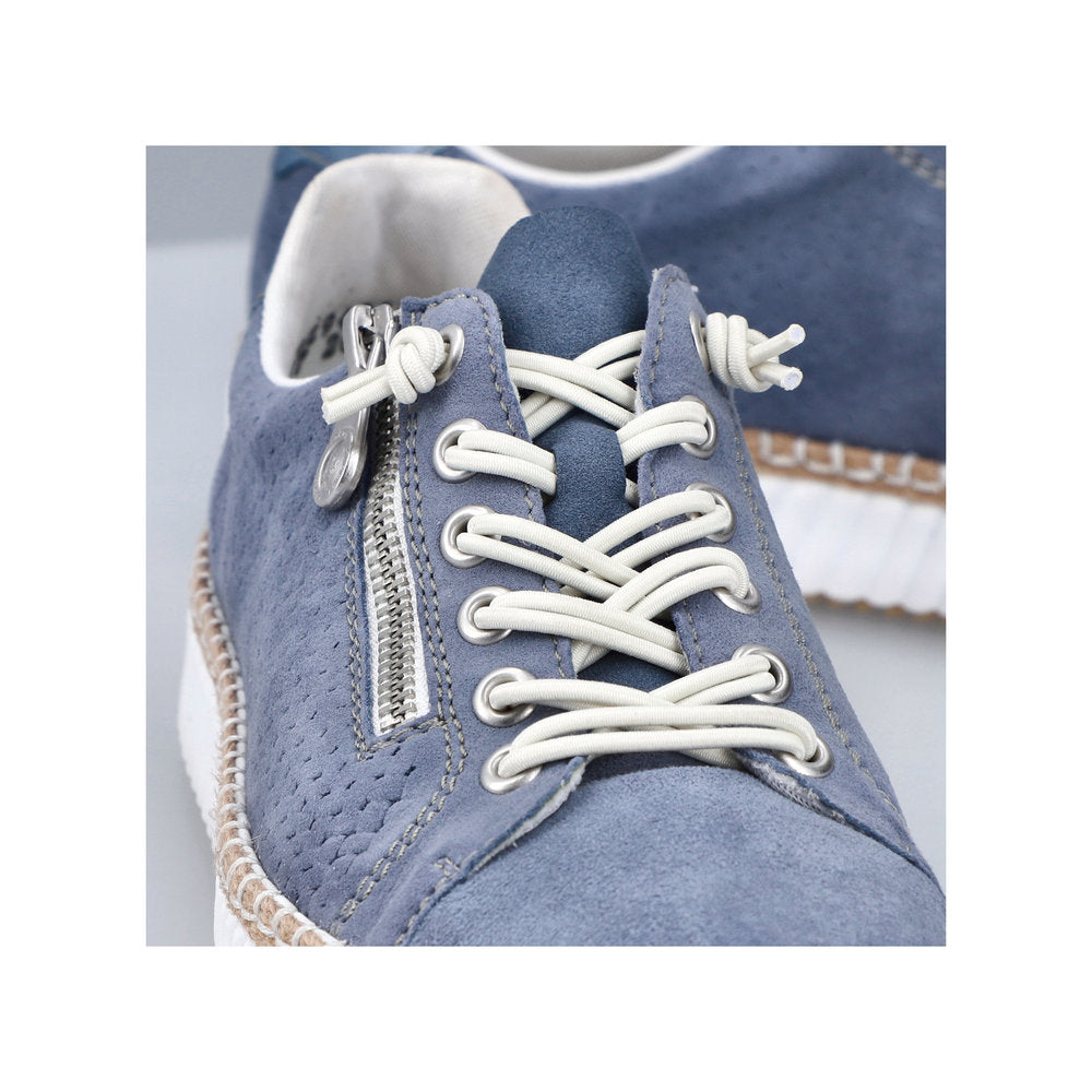 Blue nubuck sneaker with white elastic laces and a side zipper