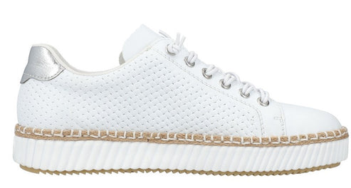 White perforated leather espadrille sneaker with silver heel cap.