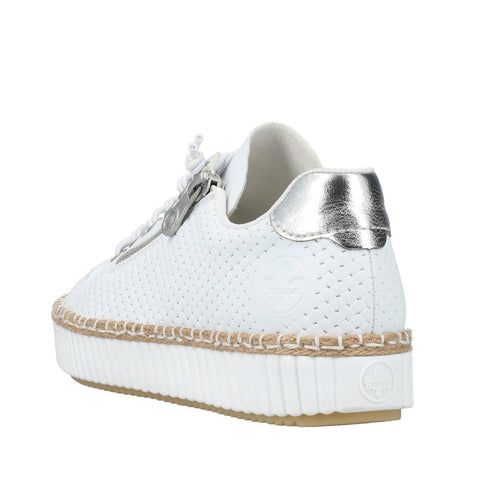 A white perforated sneaker with silver heel, and tan-trimmed platform sole.