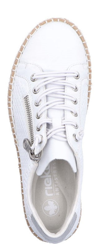A white sneaker with a side zipper and laces.