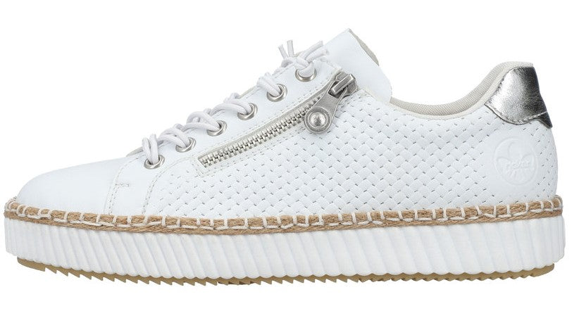 White perforated sneaker with side zipper and jute trim.